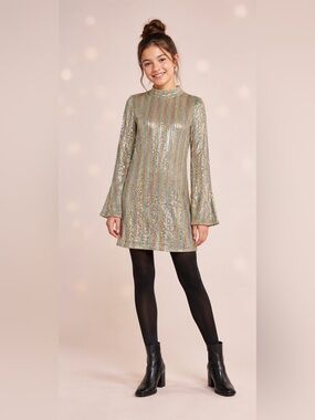 Silver Pink Sequin Mock Neck Long Sleeve Mini Dress NEW Girls XL 18 / XS Women